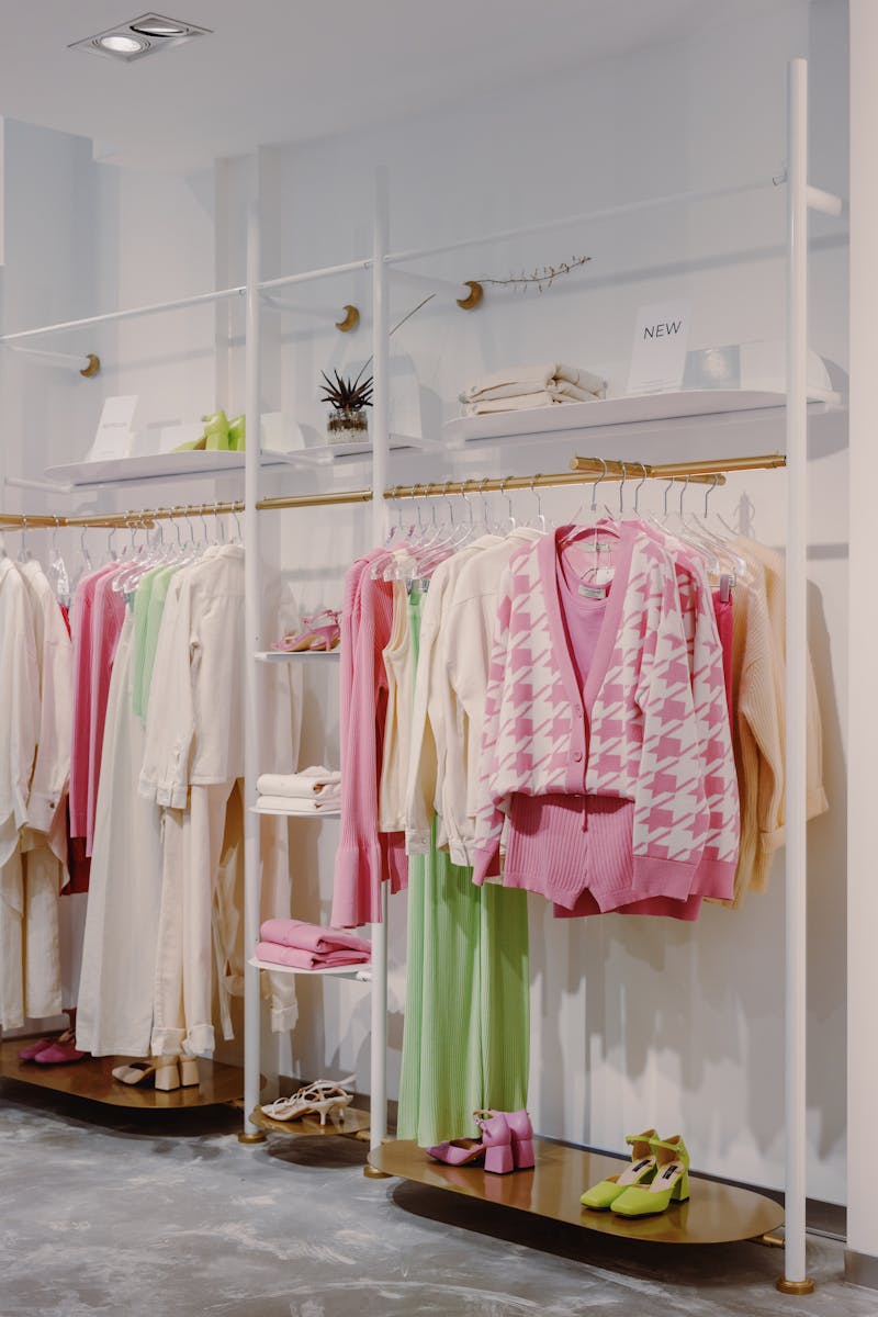 Stylish clothing display in modern boutique with colorful outfits and decor.